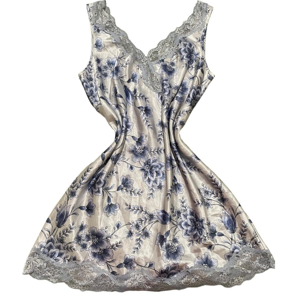 Morgan Taylor Women's Blue and Gray Floral Lace Silk Slip Dress
